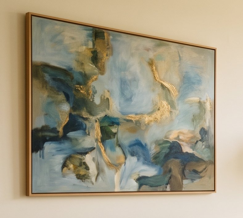 Detail of a framed blue and gold abstract painting