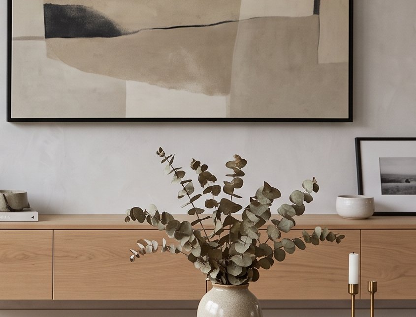 Detail of a floating wood console with a ceramic vase and brass candlesticks