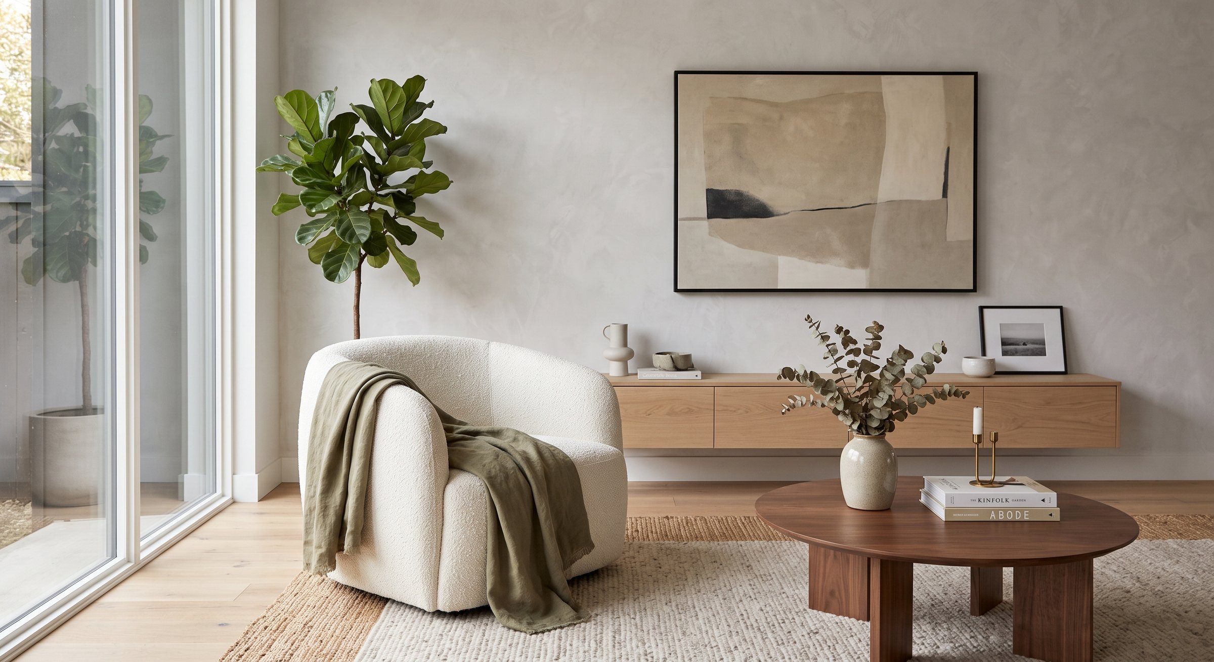 Neutral living room with a boucle swivel chair, floating wood console, and layered art